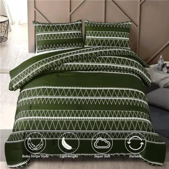 Olive Green Comforter Set King (104"×90"),Reversible Green Boho Triangle Pattern - Picture 3 of 8